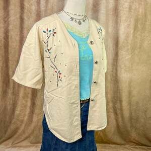 Vintage Beaded Shirt 90s Floral Stone Rhinestone Button Up Grandma Boho Western